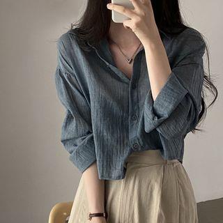 Long-Sleeve Collared Plain Shirt Dark Gray by PINPI