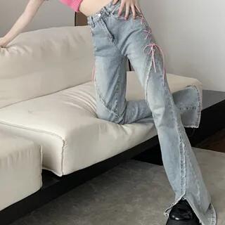 High Rise Fringed Trim Lace-Up Flared Jeans Light Blue by monroll