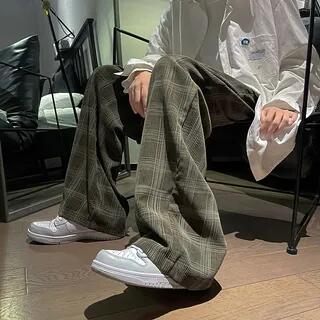 High Waist Plaid Wide Leg Pants Army Green by Priam