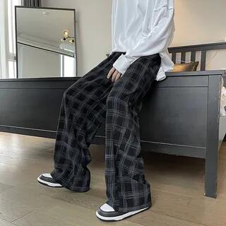 High Waist Plaid Wide Leg Pants Black by Priam