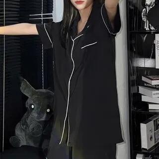 Short-Sleeve Contrast Trim Pajama Shirt / Shorts / Set Set - Shirt & Shorts - Black by Dazzli