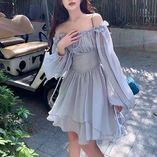 Long-Sleeve Off-Shoulder Plain Ruffle Trim Mini A-Line Corset Dress Gray Blue by Lucuna