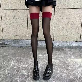 Sheer Polyester Stocking Red Trim - Black by Mimiyu