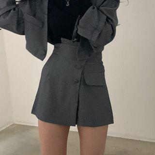 Set: Single-Button Cropped Plain Blazer + High Waist Buttoned Mini A-Line Skirt Skirt - Gray by ISSOL