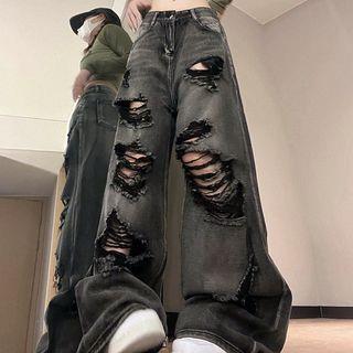 Low Rise Ripped Wide Leg Jeans Gray by Porstina