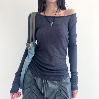 Long-Sleeve One-Shoulder Plain T-Shirt Blue by Sosana