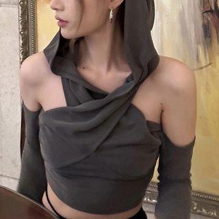 Long Sleeve Cold-Shoulder Hooded Plain Crop Top Gray by Sugarcoat
