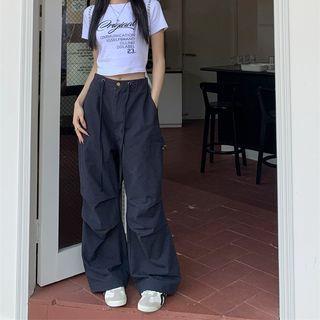 High Rise Plain Wide Leg Cargo Pants Pants - Navy Blue by Bolgivy