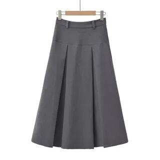 High Waist Plain Pleated Maxi A-Line Skirt Gray by Asiris