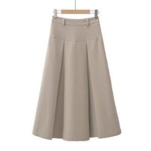 High Waist Plain Pleated Maxi A-Line Skirt Khaki 249375150