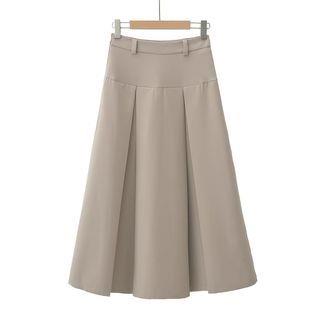 High Waist Plain Pleated Maxi A-Line Skirt Khaki by Asiris