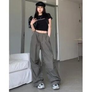 Drawstring Waist Plain Wide Leg Parachute Pants Pants - Grayish Green 249375178