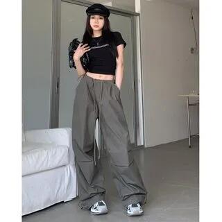 Drawstring Waist Plain Wide Leg Parachute Pants Pants - Grayish Green by monroll