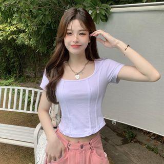 Short-Sleeve Square Neck Slim Fit Cropped T-Shirt White by Moon City