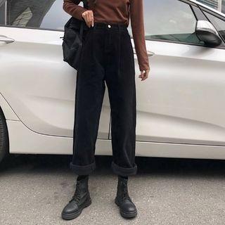 Mid Waist Plain Corduroy Straight Leg Pants Black by RONIN