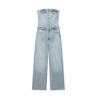 Strapless Denim Washed Wide Leg Jumpsuit Blue by Avauntgardo