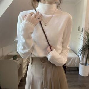 cream mock-neck fitted knitted top