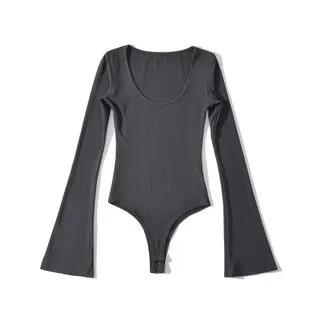 Flared-Sleeve Scoop Neck Plain Bodysuit Top Charcoal Gray by Asiris