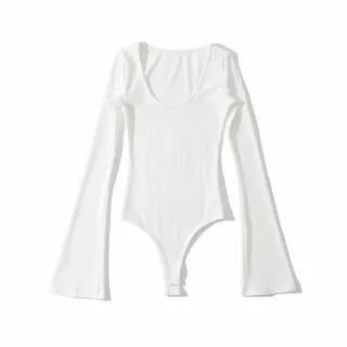 Flared-Sleeve Scoop Neck Plain Bodysuit Top White by Asiris