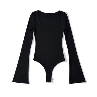 Flared-Sleeve Scoop Neck Plain Bodysuit Top Black by Asiris