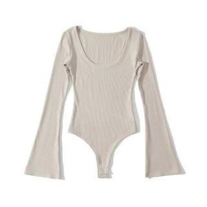 Flared-Sleeve Scoop Neck Plain Bodysuit Top Almond 249676873