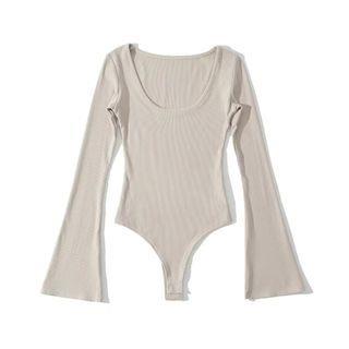 Flared-Sleeve Scoop Neck Plain Bodysuit Top Almond by Asiris