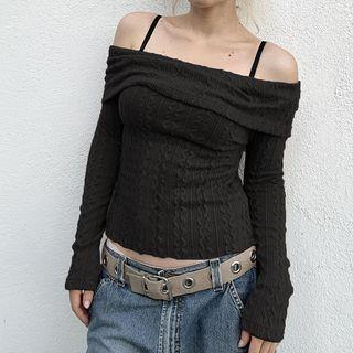 Long Sleeve Off-Shoulder Plain Cable-Knit Crop Sweater Black by Sosana