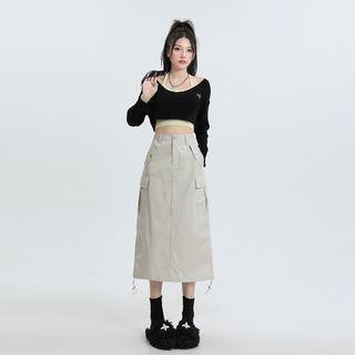 High Rise Plain Drawstring Midi A-Line Cargo Skirt White by Denimot