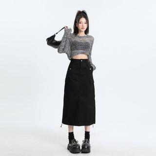 High Rise Plain Drawstring Midi A-Line Cargo Skirt Black by Denimot