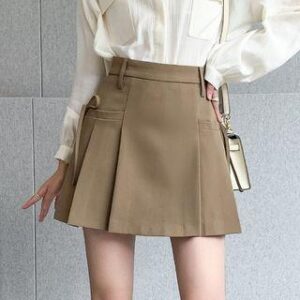 High Rise Plain Pleated Tie-Up Mini A-Line Skirt Khaki 249677009