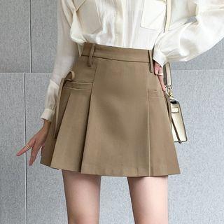 High Rise Plain Pleated Tie-Up Mini A-Line Skirt Khaki by Ulark