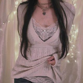 Long Sleeve V-Neck Lace Panel Cable Knit Sweater Milk White by Rosesand