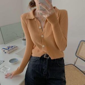 Collar Plain Ribbed Knit Top Tangerine 249993681