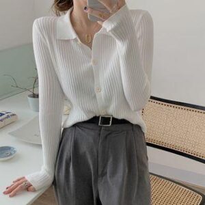 Collar Plain Ribbed Knit Top White 249993684