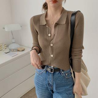 Collar Plain Ribbed Knit Top Camel by Ukiyo