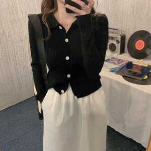 Collar Plain Ribbed Knit Top Black 249993702