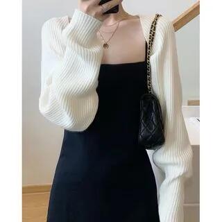 Puff-Sleeve Plain Knit Shrug White by Rosesand