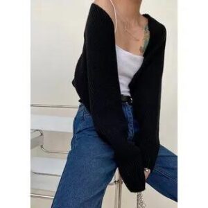 Puff-Sleeve Plain Knit Shrug Black 249994012