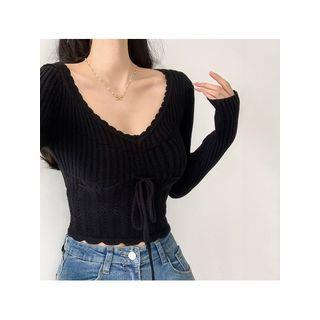 Long-Sleeve Plain Lace-Up Knit Top Black by LIVIE