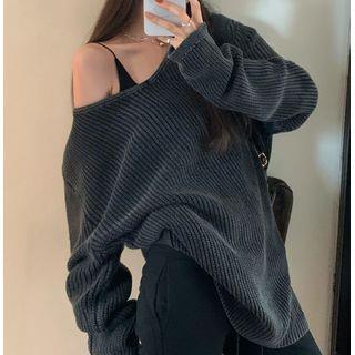 Long-Sleeve V-Neck Plain Loose-Fit Sweater Dark Gray by Alfie