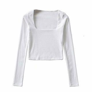 Long-Sleeve Square Neck Plain Cropped T-Shirt White by Bolgivy