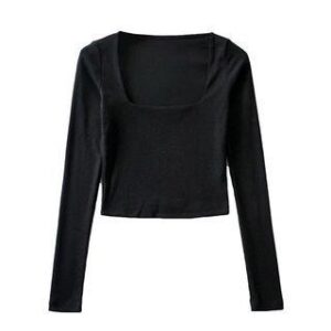 Long-Sleeve Square Neck Plain Cropped T-Shirt Black 249994071