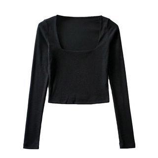 Long-Sleeve Square Neck Plain Cropped T-Shirt Black by Bolgivy