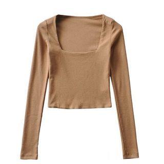 Long-Sleeve Square Neck Plain Cropped T-Shirt Khaki by Bolgivy