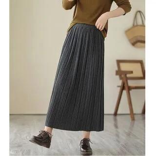 High Rise Plain Ribbed Midi A-Line Skirt Gray by Supernova