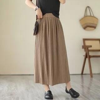 High Rise Plain Ribbed Midi A-Line Skirt Coffee by Supernova