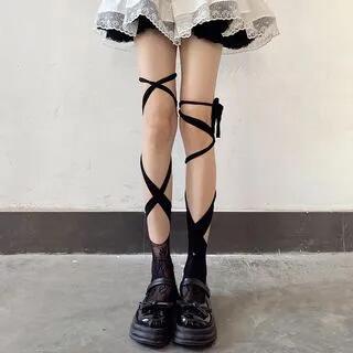 Plain Lace-Up Socks Black by Desperim