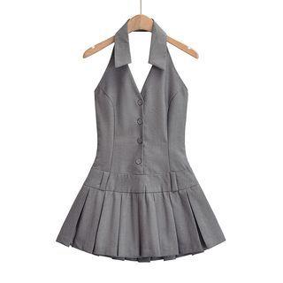 Halter-Neck Buttoned Detail Open Back Pleated Mini A-Line Dress Gray by Faiar