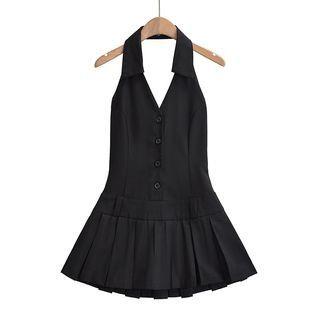 Halter-Neck Buttoned Detail Open Back Pleated Mini A-Line Dress Black by Faiar