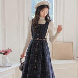 Set: Mock Neck Plain Sweater + Plaid Overall Midi A-Line Dress Set of 2 - Sweater & Dress - Navy Blue & Beige 249994296